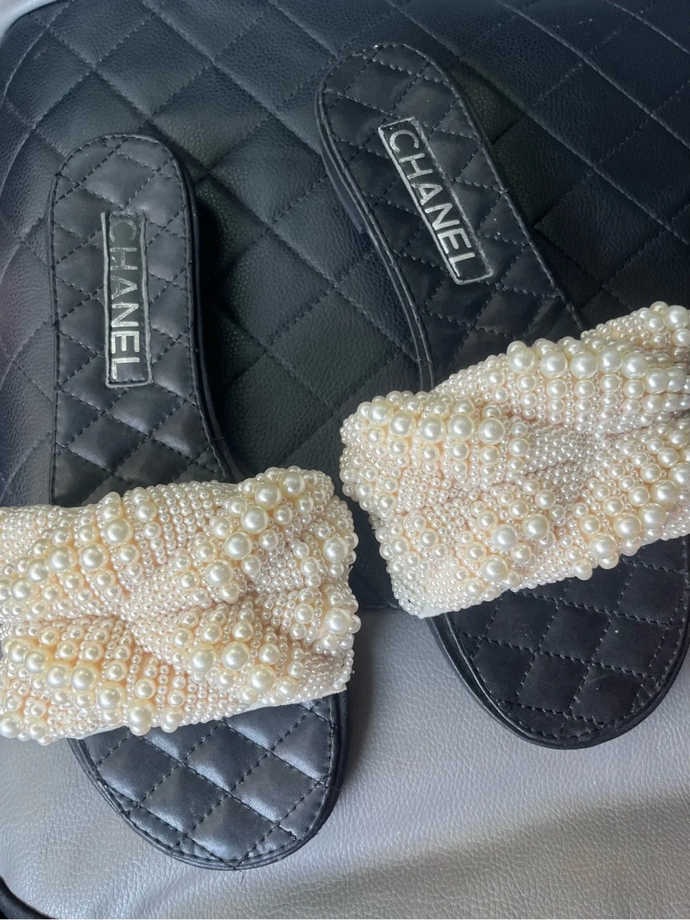 CHANEL Pearl-Embellished Black Slide Sandals with Ivory Beaded Straps